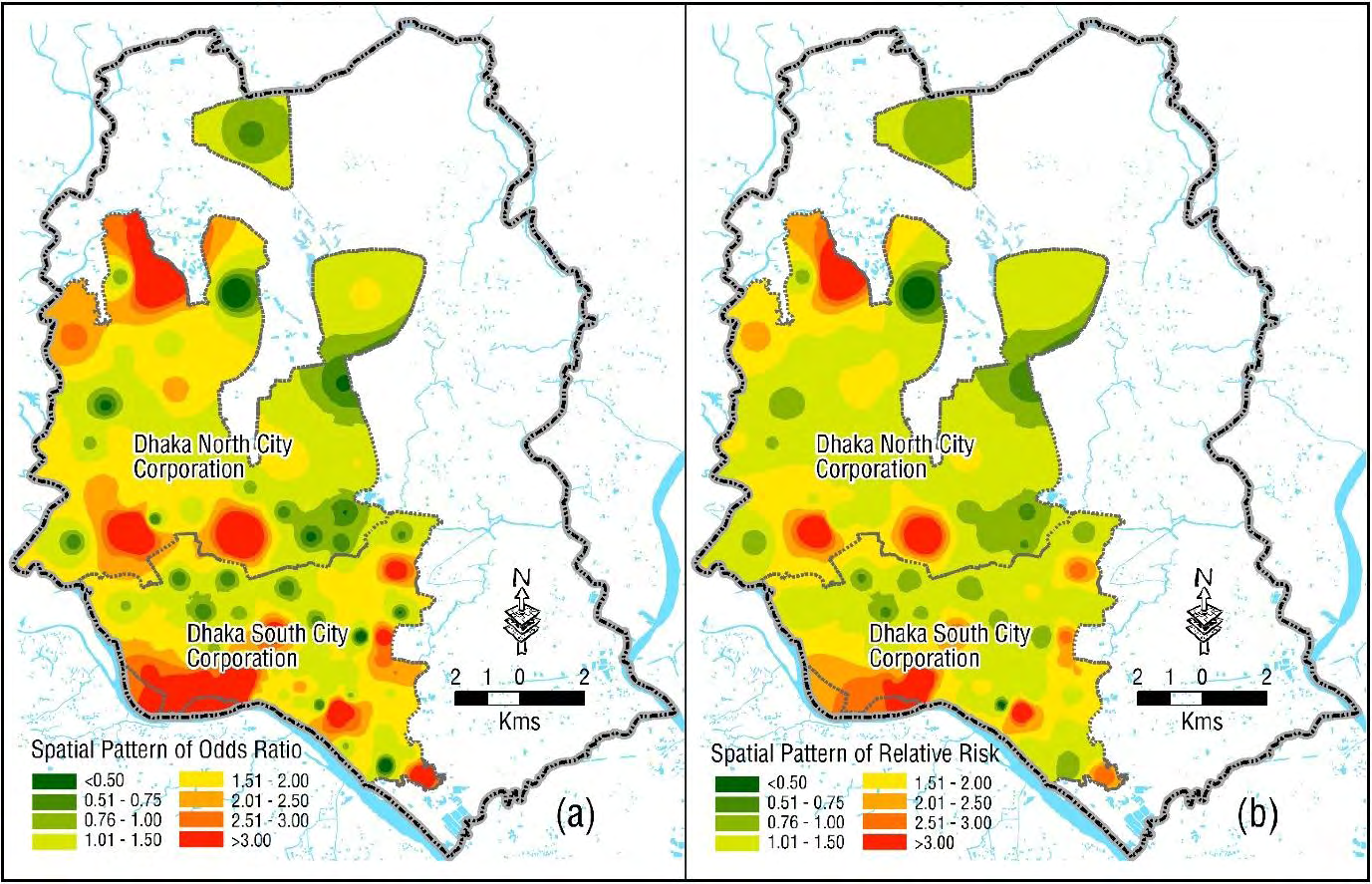 Figure 4: Spatial distribution of CHIKV risks in different administrative areas in Dhaka city: (a) spatial pattern of Odds Ratio, and (b) spatial pattern of Relative Risk