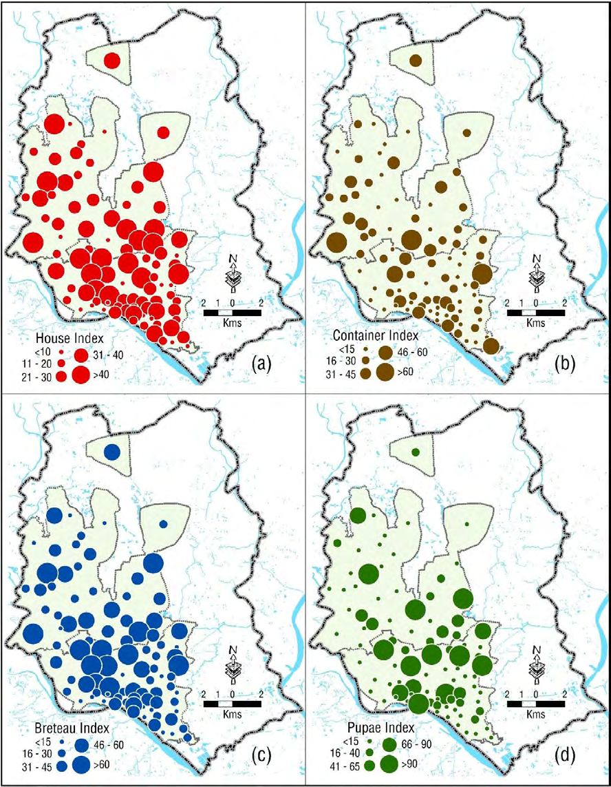 Figure 5: Spatial pattern of entomological indices for CHIKV infection in different areas in Dhaka City: (a) House index; (b) Container index; (c) Breteau index; and (d) Pupae index.