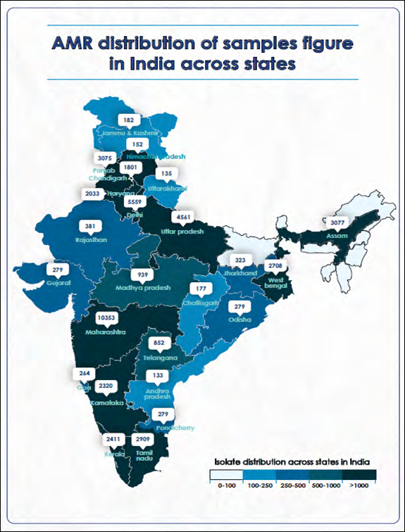 Figure 2: Distribution of culture positive samples across Indian states Among females, _E. coli_ was the most common isolate followed by _K. pneumoniae_ and _Enterococcus spp._ Urine samples from males had a comparatively higher isolation rate of _Pseudomonas_ (53.8% vs 46.2%) but that of _E. coli_ (27.7% vs 72.3%) was lower when compared with females (Table 1). The isolation rates for all the isolates were found to be comparable across all the age groups (Figure 3).