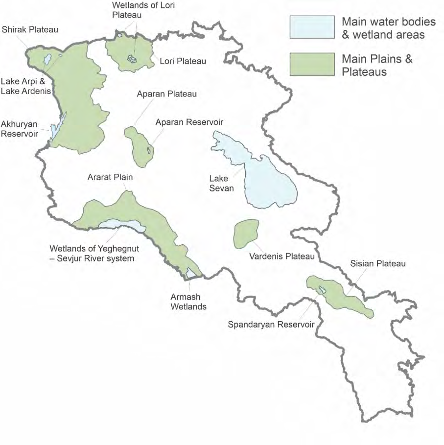Figure 2: Main geographical features of Armenia important for distribution of Northern Lapwing.