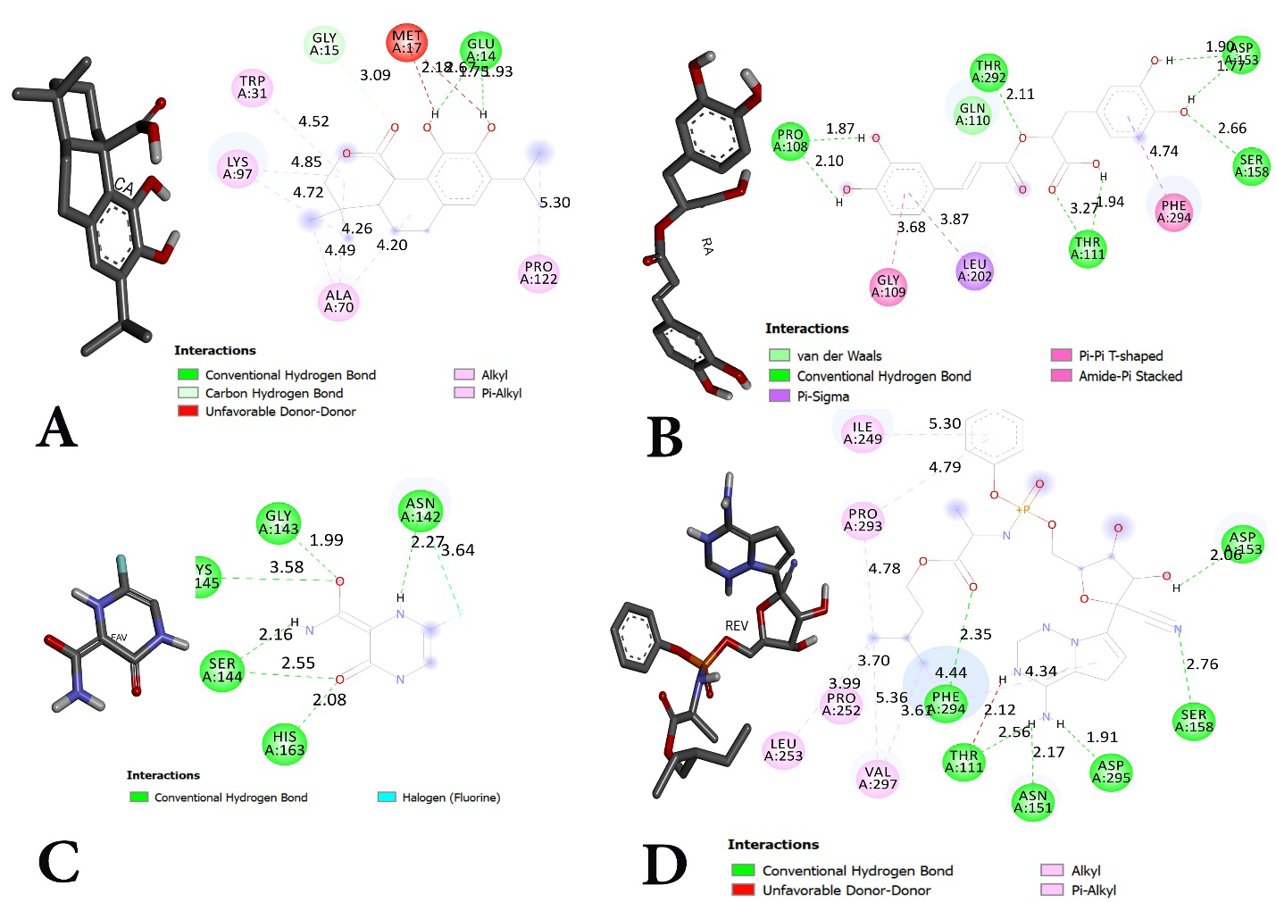 Figure 4: Interactions between PS and ligands (A: CA, B: RA, C: FAV and D: REV).