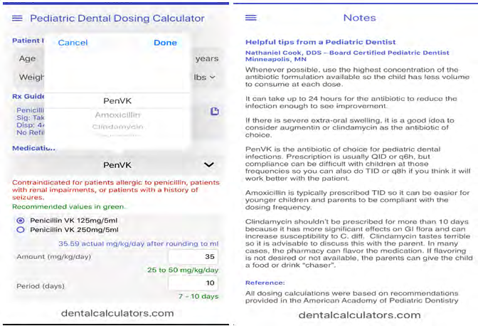 Figure 5: Pediatric Dental Dosing Calculator.