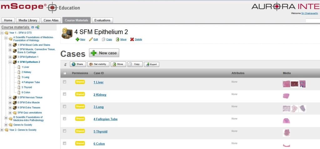 Figure 2: A view of the MScope portal that displays the cases and lesions across each prgan system, which is accessible as the students click on each link.