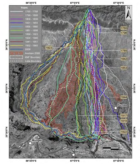 Figure 2: Overlay of different positions of Kosi River as depicted in historical maps on LANDSAT image (Source: Chakraborty, 2010) [12].