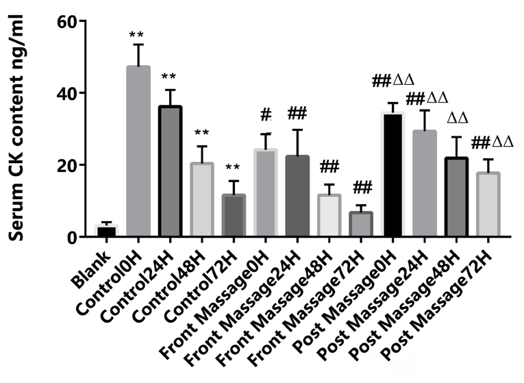 Figure 4: Changes of serum CK content in DOMS model rats. Data were mean±SEM. ** P< 0.01 compared with blank group; ## P< 0.01 compared with the control group in the same period; ΔΔ P< 0.01 compared with the front massage groups in the same period.