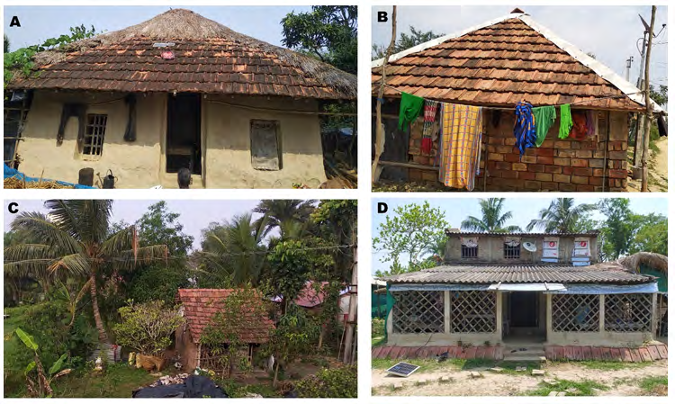 Figure 2: Structure of rural and semi-urban dwellings unit (A) used the tailed (tali) as roof materials and clay as wall materials; (B) used tailed (tali) as roof materials and fired brick as wall materials; (C) green area in the surrounding environment; (D) windows pattern.