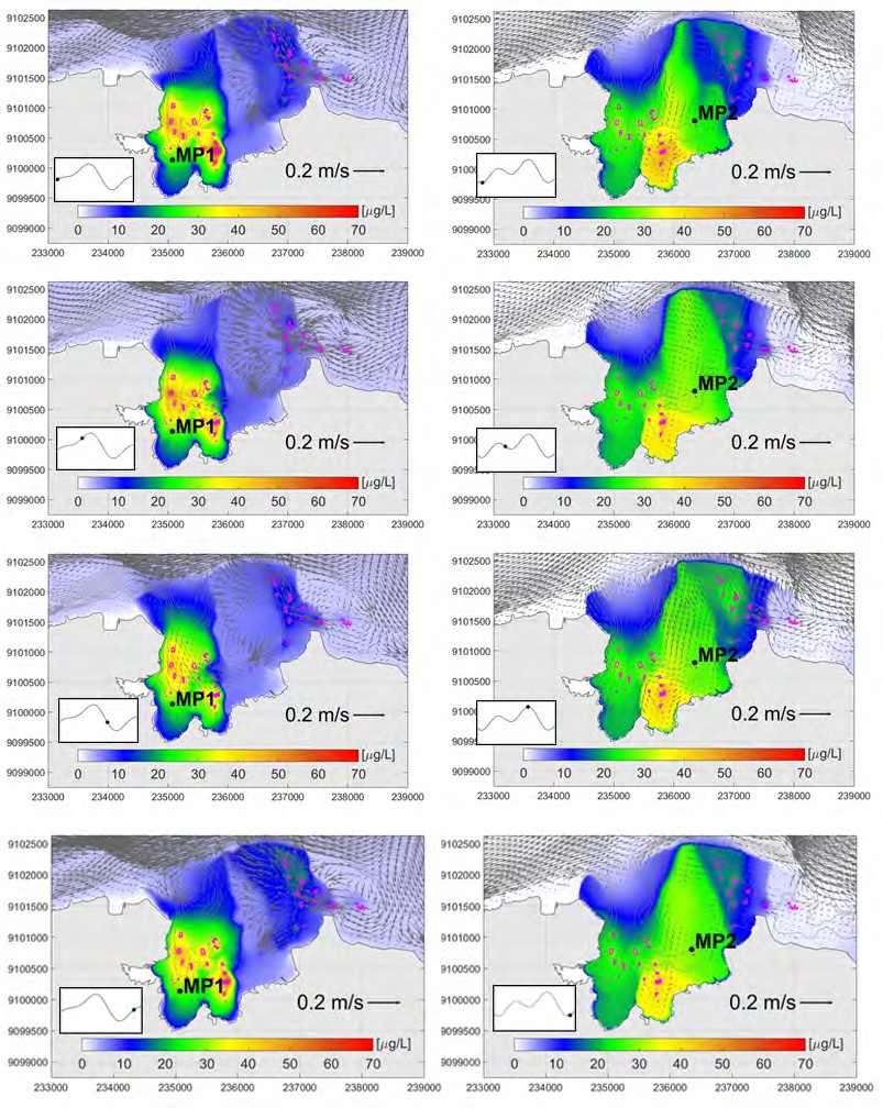 Figure 10: Dose-response curves of cumulative nutrient concentrations vs. production levels due to multiple fish farms at the selected monitoring points for Scenarios A and B in Pegametan Bay.