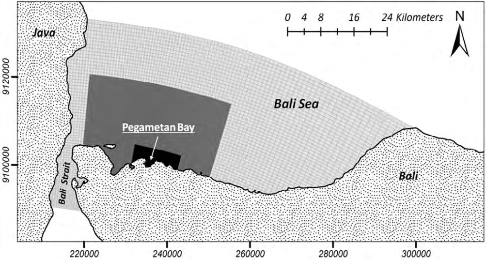 Figure 3: Downscaling sequence of the model grids for the aquaculture site in Pegametan Bay.