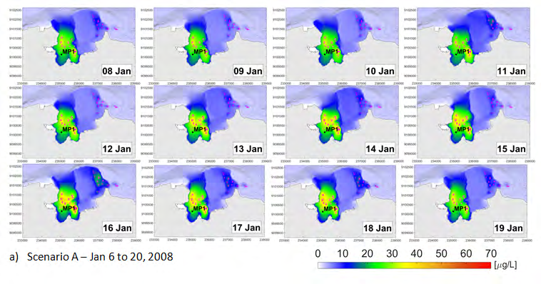 Figure 6: Spatial variation of cumulative nutrient concentrations of ammonia due to the emissions from multiple fish farms over the simulated periods for Scenarios A and B in Pegametan Bay.