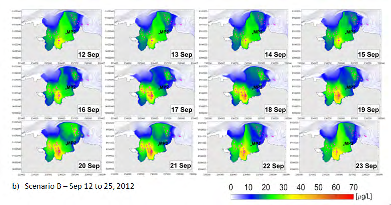 Figure 7: Spatial variation of cumulative nutrient concentrations of nitrate due to the emissions from fish farms over the simulated periods for Scenarios A and B in Pegametan Bay.