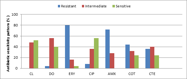 Figure 7: Overall antibiotic sensitivity of bacterial isolates of Gulsha Fish.
