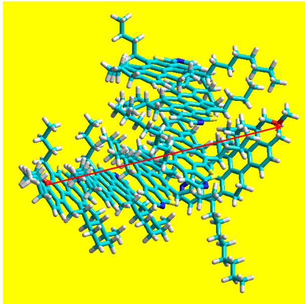 Figure 3: Molecular model used to represent an asphaltene nucleus or nanoaggregate with four M1, and three M2 type molecules. The length of the red arrow is equal to 2.9 nm.