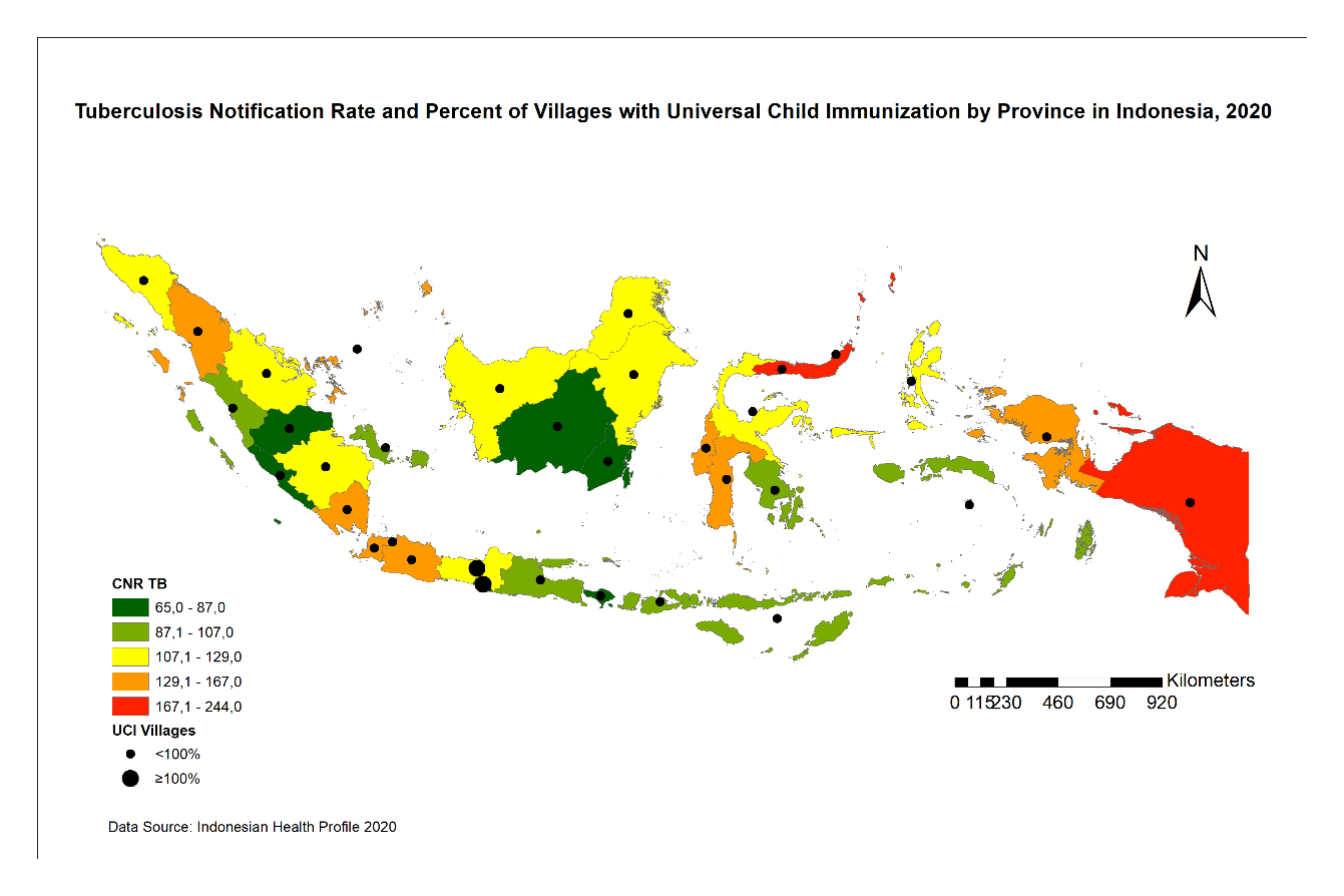 Figure 3: Tuberculosis Notification Rate and Percent of Villages with UCI by Province in Indonesia, 2020.