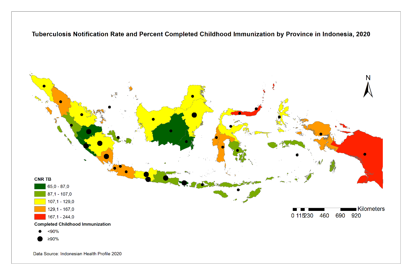 Figure 4: Tuberculosis Notification Rate and Percent of Completed Childhood Immunization by Province in Indonesia, 2020.