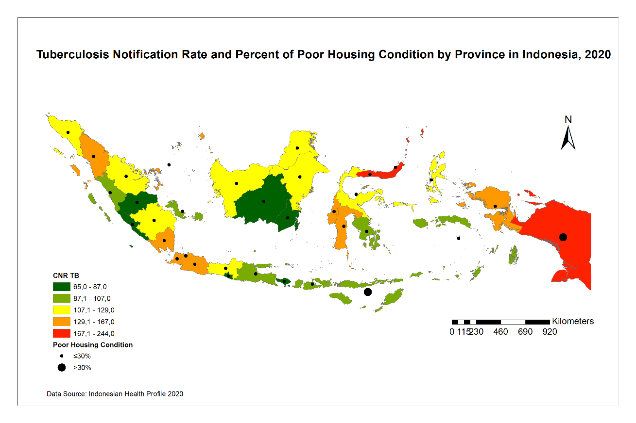 Figure 6: Tuberculosis Notification Rate and Percent Poor Housing Condition by Province in Indonesia, 2020.