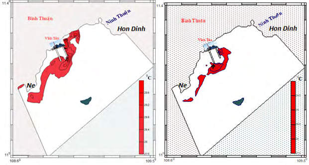 Figure 10: Diagram of water area with high temperature above 28°C after 30 days of discharge of surface water (left-for details see Figure 6) and bottom layer (right).