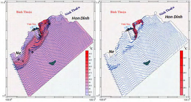 Figure 2: Temperature distribution of surface layer (left) and water area with high temperature above 28°C (right) after 12 hours of water discharge.