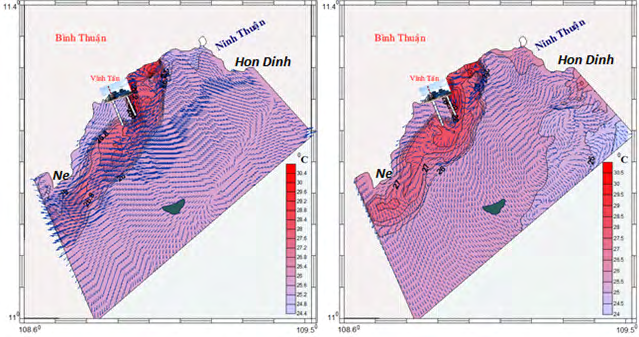Figure 3: Surface temperature distribution after 5 days (left) and 10 days (right) of water discharge.