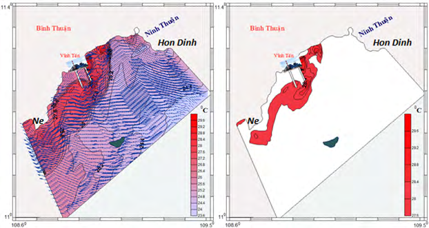 Figure 4: Surface heat transfer (left) and high temperature water over 28°C (right) after 30 days of discharge.