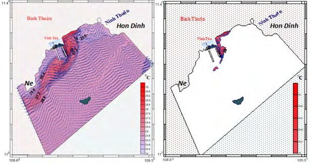 Figure 5: Temperature distribution in the middle layer (left) and the water area with high temperature above 28°C (right) after 12 hours of discharge through the canal of the plant.