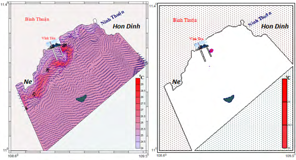Figure 8: Temperature distribution of bottom layer (left) and water area with high temperature above 28°C (right) after 12 hours of water discharge through the canal of the plant.