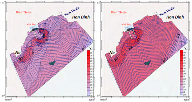 Figure 9: Distribution of bottom temperature spread after 5 days (left) and 10 days (right) of water discharge.