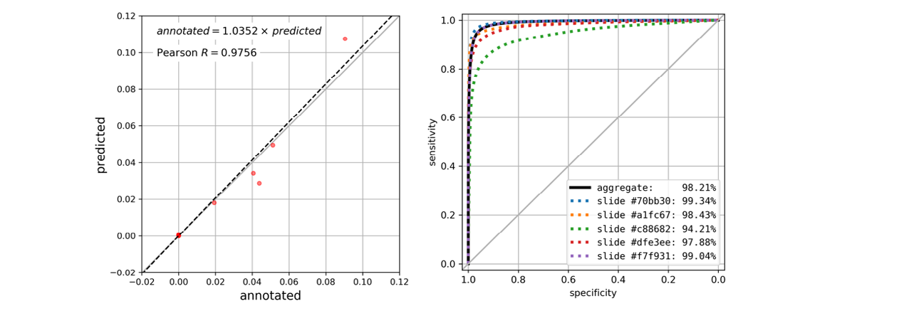 Figure 2: Performance metrics of the segmentation algorithm within the test set. A: Correlation plot of the area of LAs ROIs (as fraction of total tissue area) in annotations (_x_-axis) and predictions (_y_-axis), Pearson R of 0·9756 (_p_=1·5e-06). The regression line is shown in black dotted line, and regression equation is shown (_p_=5·874e-8). Note that 5 LA-free samples are densely clustered near the origin (0·0, 0·0). B: ROC curve for predicted probability of LAs-class pixels. ROC for all pixels aggregated across all samples is shown in black solid line (AUC=98·21, 95% confidence interval: 98·20% – 98·22% using DeLong method), and ROC for 5 individual LA- containing slides are shown in colored dotted lines. Diagonal grey line indicates ROC for random predictions.