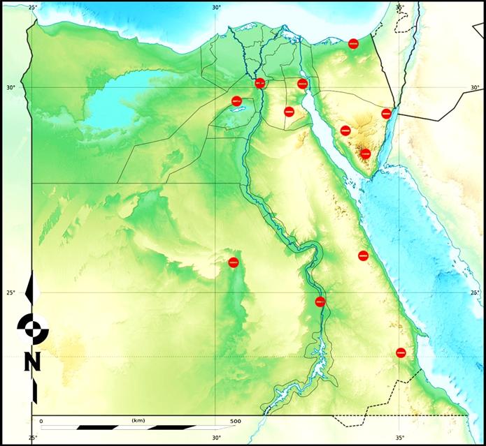 Figure 2: Distribution of Calotropis procera in Egypt.