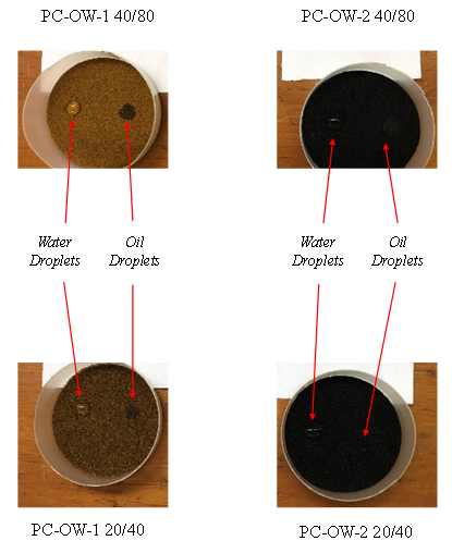 Figure 1: Images of 4 PC proppant packs with water and oil droplets placed at surfaces.