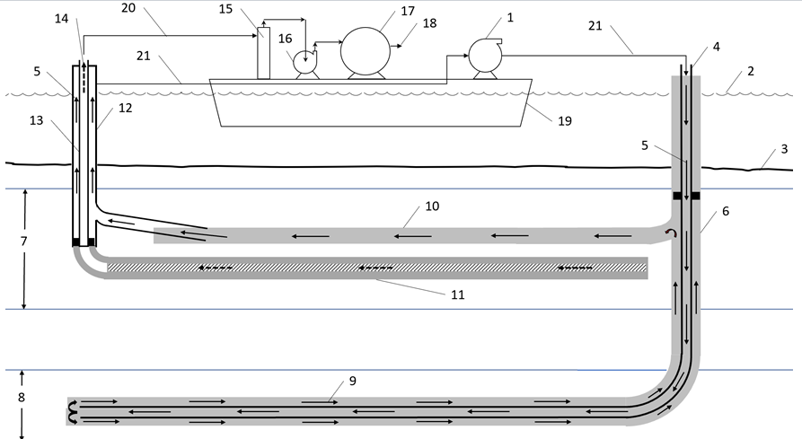 Figure 1: A schematic diagram of a y-shaped well couple for offshore gas production from an NGH reservoir.