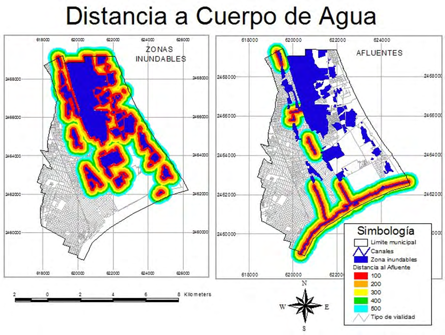Figure 3: Distance map (in meters) of the water bodies of Cd. Madero, classified as flood zones: as Lagoons (left) and channels (right)