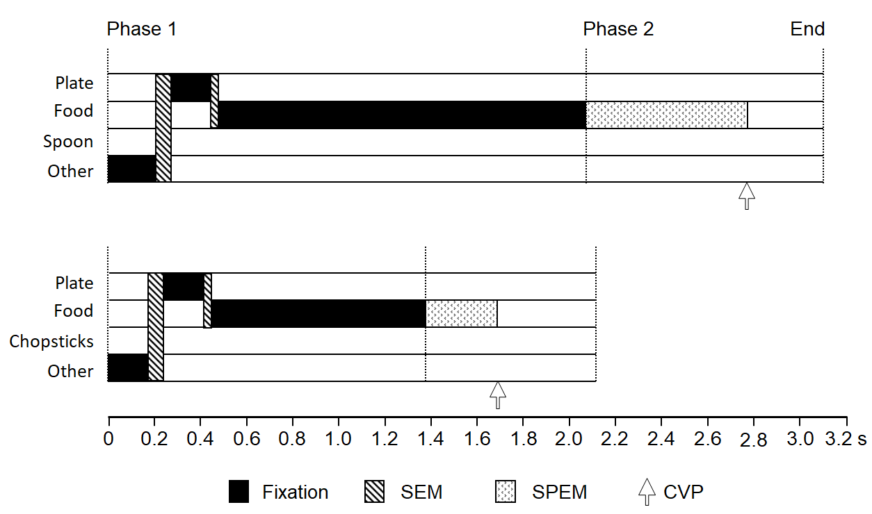 Figure 2: Using the spoon, the visual axis showed SEM after about 0.20 s from the task start, and moved to the plate. Next, the visual axis moved to the food after about 0.17 s. The visual axis remained fixed on the food for about 1.60 s. During this time, the food was picked up in the spoon bowl. The necessary time of phase 1 was 2.07 s. In phase 2, the visual axis showed SPEM to follow with food from the start of eating motion. The spoon moved toward the mouth after about 0.70 s, the visual axis was diverted from the food (CVP). The necessary time of phase 2 was 1.03 s.