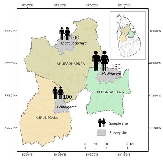 Figure 1: Location of survey sites and sample size.