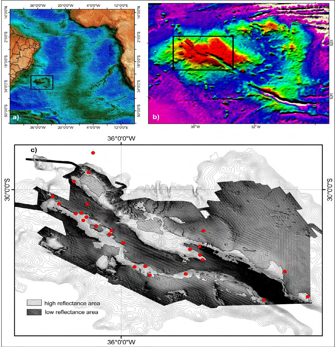 Figure 1: a) Location map of the Rio Grande Rise (RGR) in the South Atlantic Ocean, extracted from the National Oceanic and Atmospheric Administration (http://www.noaa.gov/, access in November 2014); b) detail of the Rio Grande Rise with the location of its western portion (WRGR) studied; c) detail of the WRGR with bathymetry and backscattering fusion map showing high reflectance areas of prospecting cobalt-rich crusts and locations of the dredged samples used in this study (depth range between 2500 and 695 m) – see Table 1