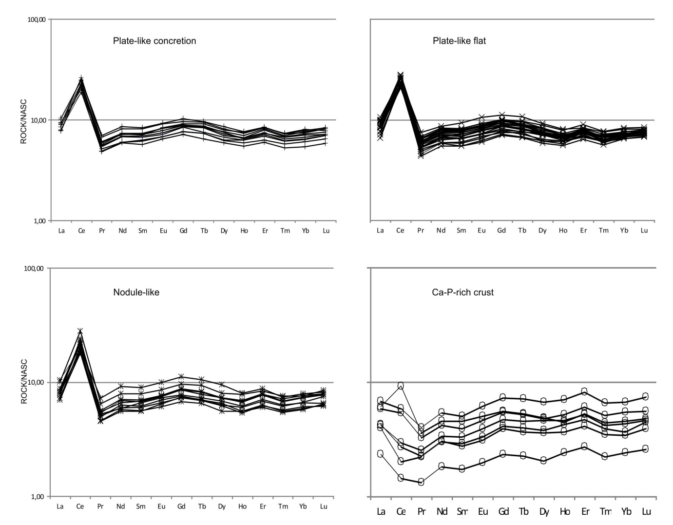 Figure 10: PAAS-normalized REE pattern of ferromanganese crusts from the Rio Grande Rise. a) young non phosphatized crusts; b) old phosphatized crusts.