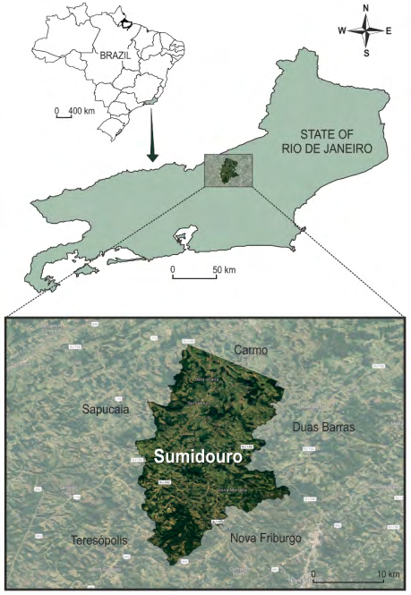 Figure 1: Geographical location of the municipality of Sumidouro, latitude 22º02’59” south and longitude 42º40’29” west, in the mountainous region of the state of Rio de Janeiro, RJ, Brazil.