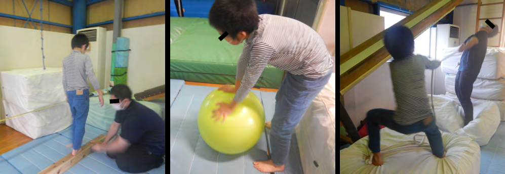 Figure 1: Three types of play to improve trouser-wearing motion of children with ASD. The left picture shows walking on a lumber (2 m long, 10 cm wide, and 10 cm high). The three spontaneous plays were walking sideways, walking in tandem, and walking while picking up cards on the course. The center picture shows rolling the balance ball. Participants pushed and rolled a balance ball 50-cm in diameter using both hands. The three non-competitive play activities were straightforward, backward and forward, and dodging obstacles along the way. The right picture shows playing of tug of war. Participants, along with a therapist, pulled a 3-m long rope. Tug-of-war was performed on the floor and on a cushion.