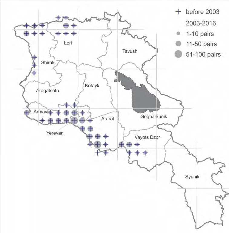 Figure 1: Distribution of the White Storks (Ciconia ciconia) in Armenia (from Aghababyan [3]).