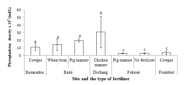 Figure 3: It shows that the significantly (p<0.05)highest densities were observed in the ponds of Dschang fertilized with chicken manure and the lowest in Foumbot and Fokoue regardless of the type of fertilizer. When comparing sites with the same type of fertilizer, phytoplankton density was significantly higher (p<0.05) in Bamendou compared to Foumbot for cowpat. Compared to manure, these values were significantly higher in Batie compared to Fokoue. At the same site, in Batie as in Fokoue, the density values were comparable regardless of the type of fertilizer administered.