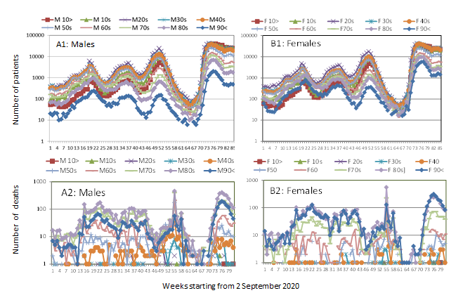 Figure 2: Epidemic curves of COVID-19 epidemic among different age groups in Japan. Weekly number of the patients (panel A1 for males and panel B1 for females) and that of the deaths (panel A2 for males and panel B2 for females) are plotted in the vertical axis against time starting from week 2~9 September 2020 to week 13~19 April 2022 in the horizontal axis.