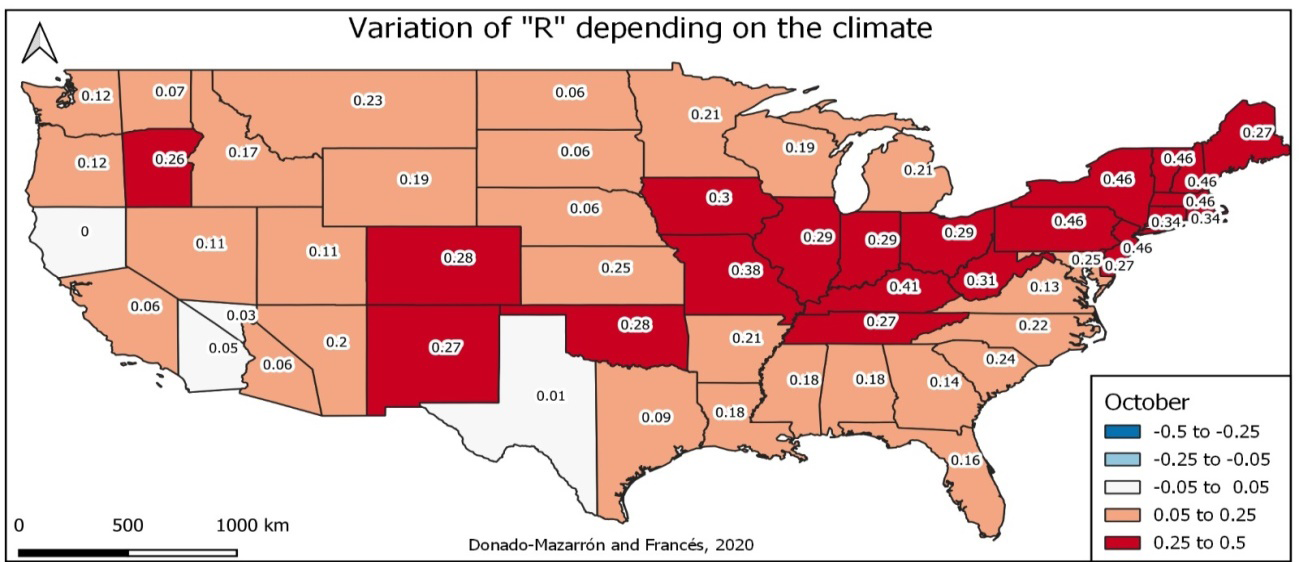 Figure 10: Variation in function R of the climate by states in the USA in the month of October. 2020.