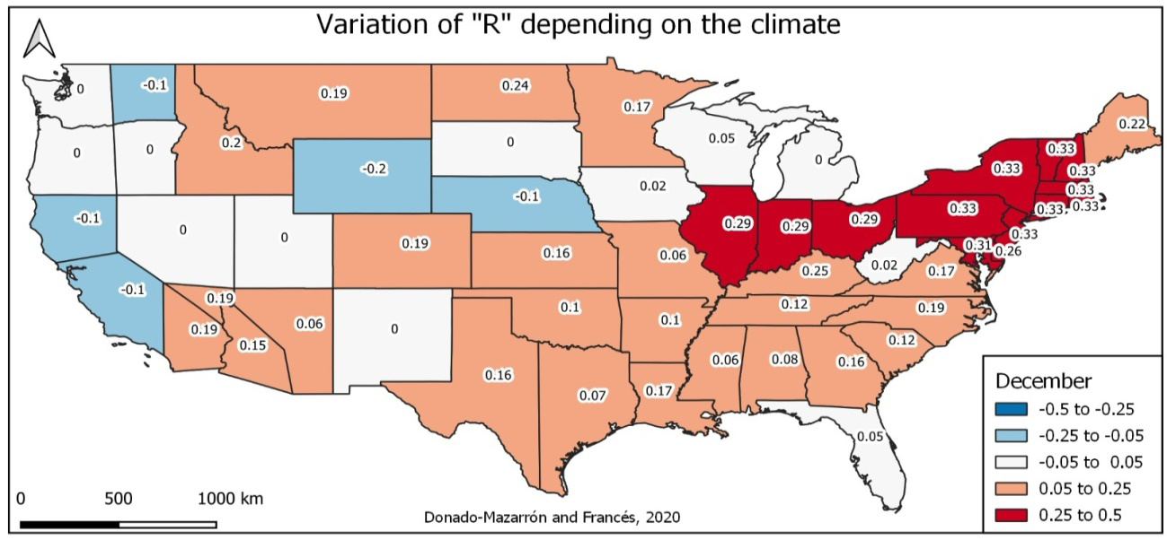 Figure 12: Variation in function R of the climate by states in the USA in the month of December. 2020.