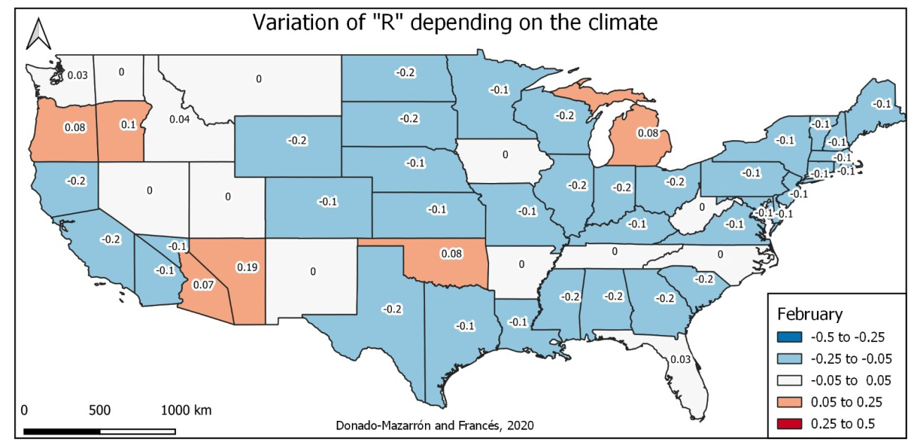 Figure 2: Variation in function R of the climate by states in the USA in the month of February. 2020.