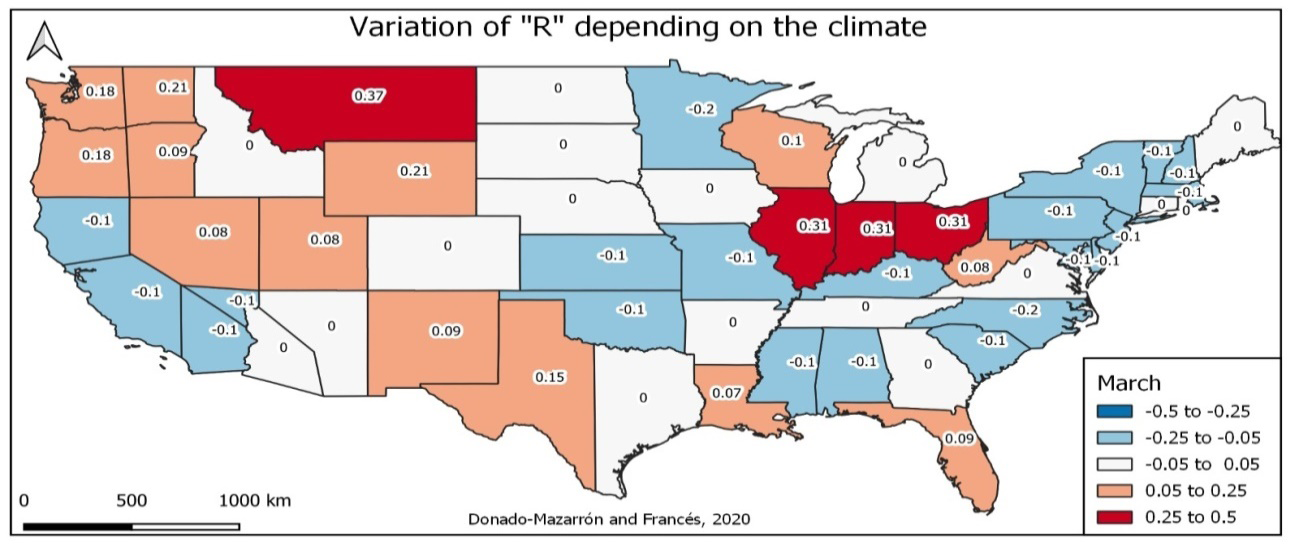Figure 3: Variation in function R of the climate by states in the USA in the month of March. 2020.