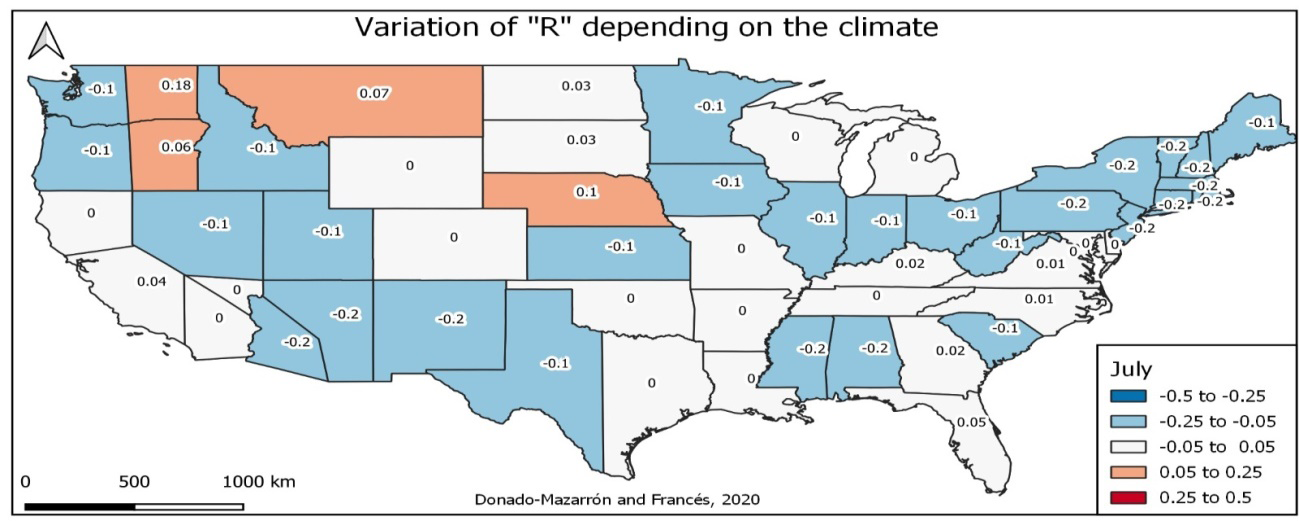 Figure 7: Variation in function R of the climate by states in the USA in the month of July. 2020.