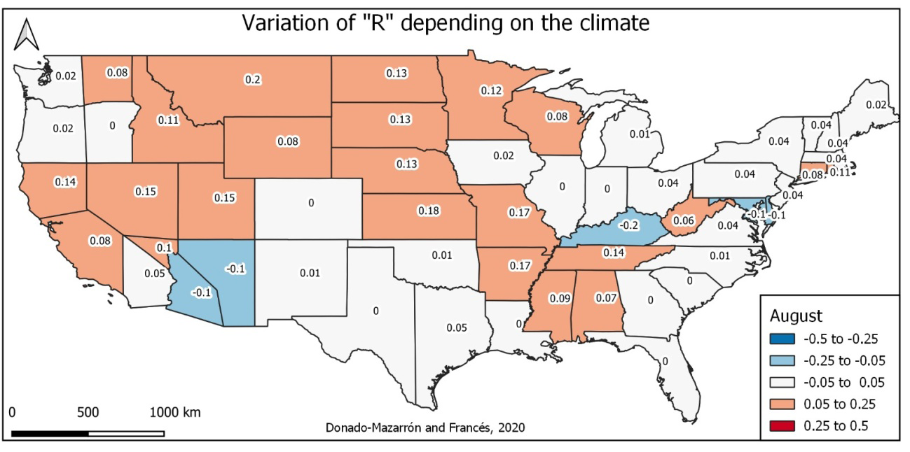 Figure 8: Variation in function R of the climate by states in the USA in the month of August. 2020.