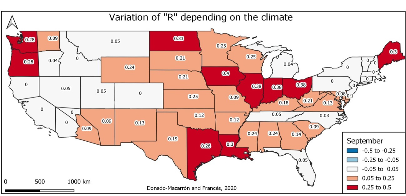 Figure 9: Variation in function R of the climate by states in the USA in the month of September. 2020.