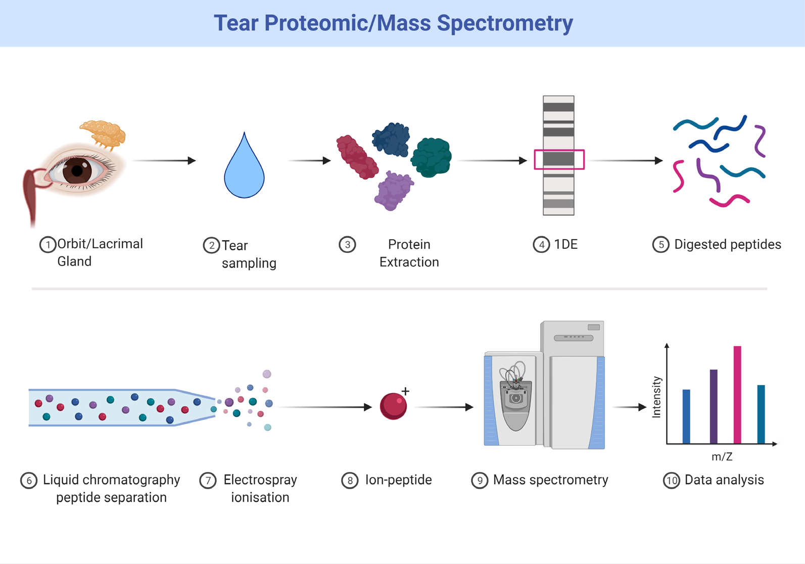 Figure 2: summarize four mass spectrometric based technologies that will play a significant role in advancing the use of tears as a diagnostic fluid: 1) data-dependent acquisition, 2) isobaric tagging and multiplexing, 3) targeted analysis, and 4) data- independent acquisition