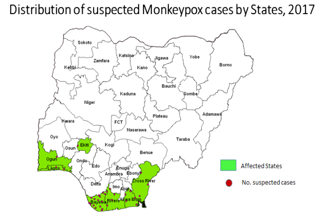Figure 5: Map of Nigeria showing distribution of suspected MPX cases in 7 states in 2017 [14].
