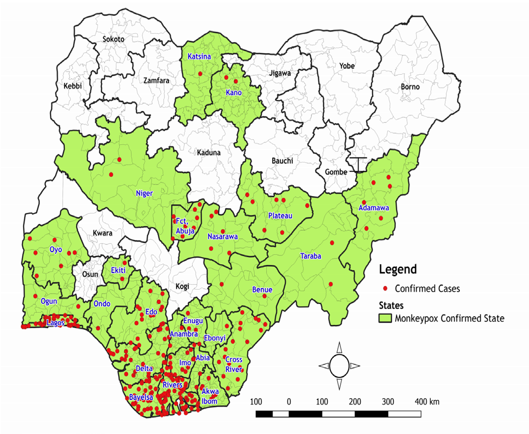Figure 6: A map of Nigeria showing distribution of confirmed MPX cases in 25 States between September 2017 and June 26th, 2022 [22].